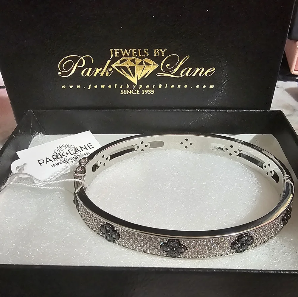 PARK LANE's Royal Bracelet, Hinged with Black Outline Floral Design & Micro CZS